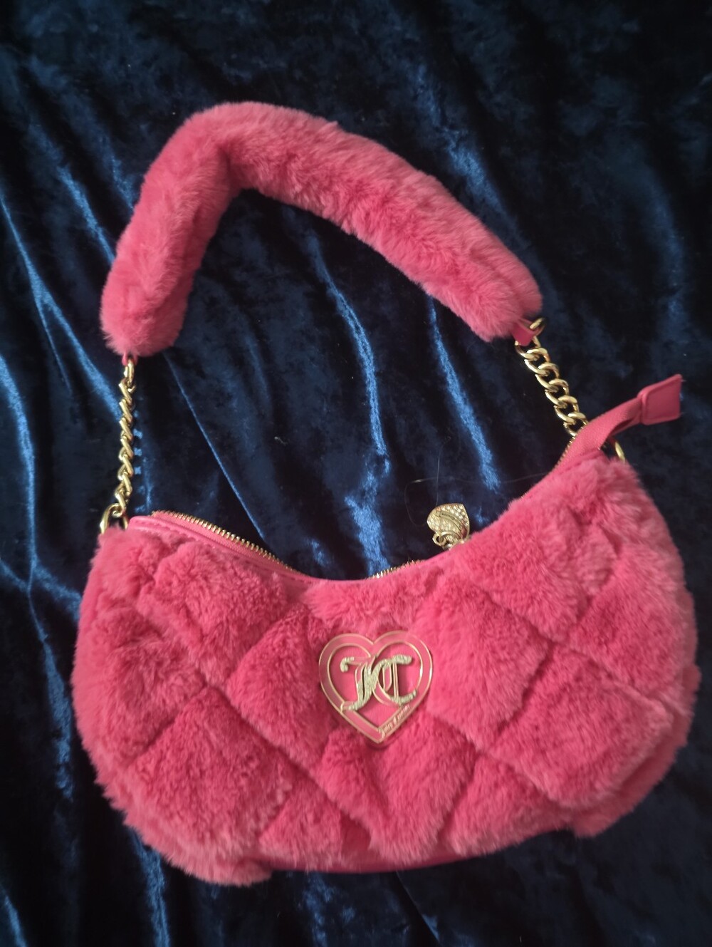 Juicy Couture Hot Pink Faux-Fur Quilted Shoulder Bag with Gold Heart